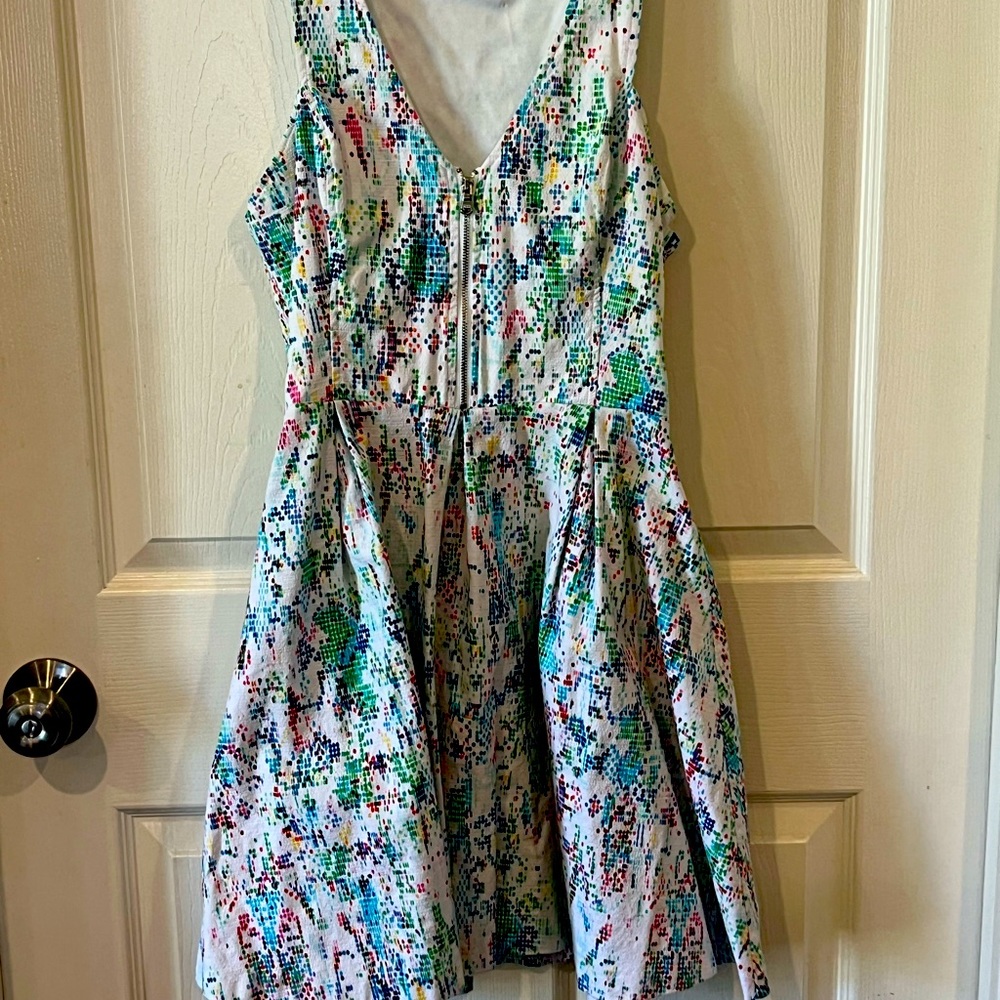 Guess Pink Turquoise Splatter Print A Line V neck Dress 2 Zip